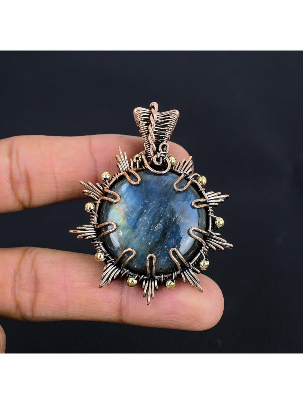 Handmade Blue Flashy Labradorite Pendant Necklace, Copper Wire Wrapped Jewelry - Picture 7 of 7